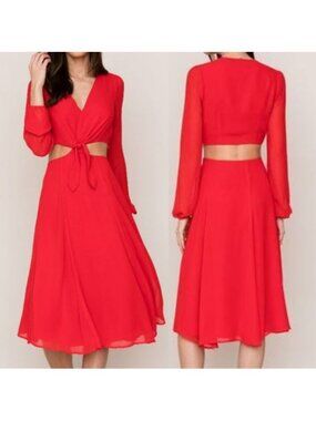Yumi Kim Red Open Heart Midi Dress XS Tie Front Cutout VNeck Flowy Romantic $218